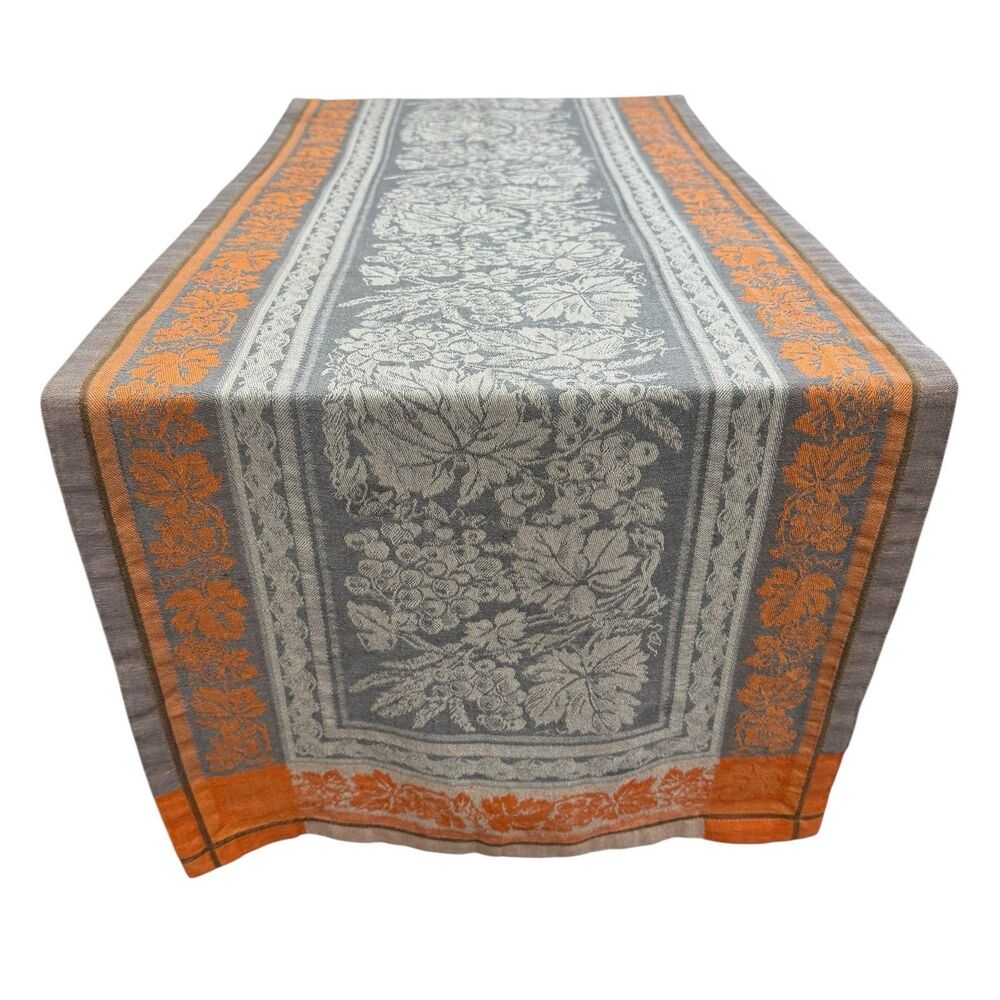 Williams Sonoma Foliage Jacquard Table Runner Fall Cotton Linen 103”x 17.5” EUC